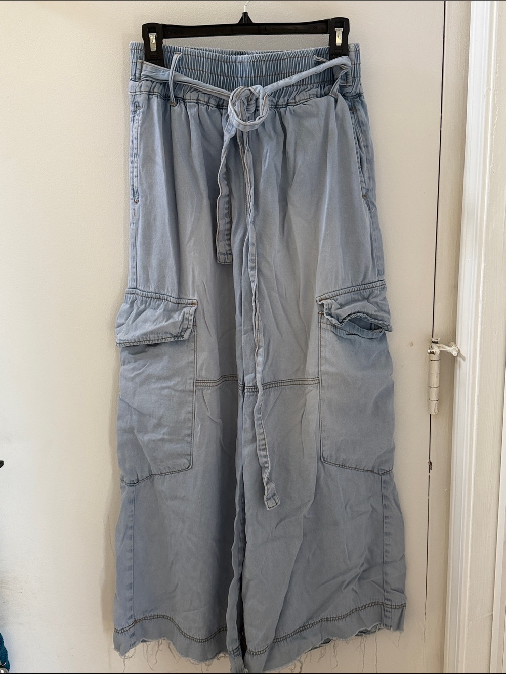 Shein Light Wash Wide Leg Cargo Pants with Drawstring Waist
